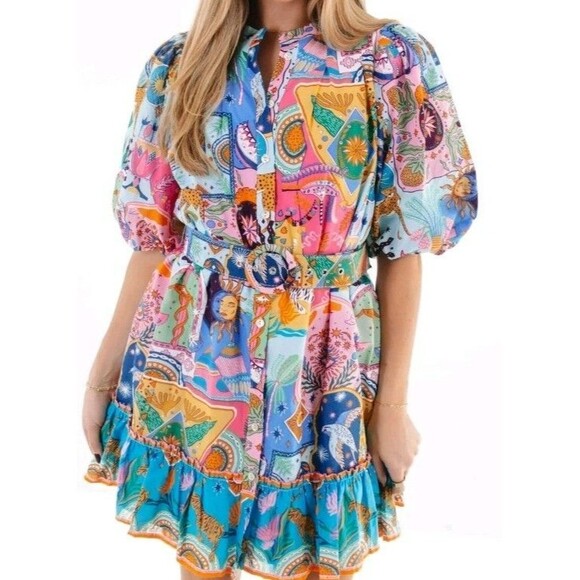 J Marie Sloan Belted Dress Size L Button Pockets100% Cotton Excellent Condition - Picture 1 of 13